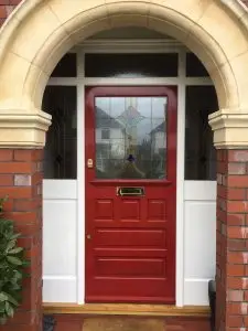 Red stained glass entrance door